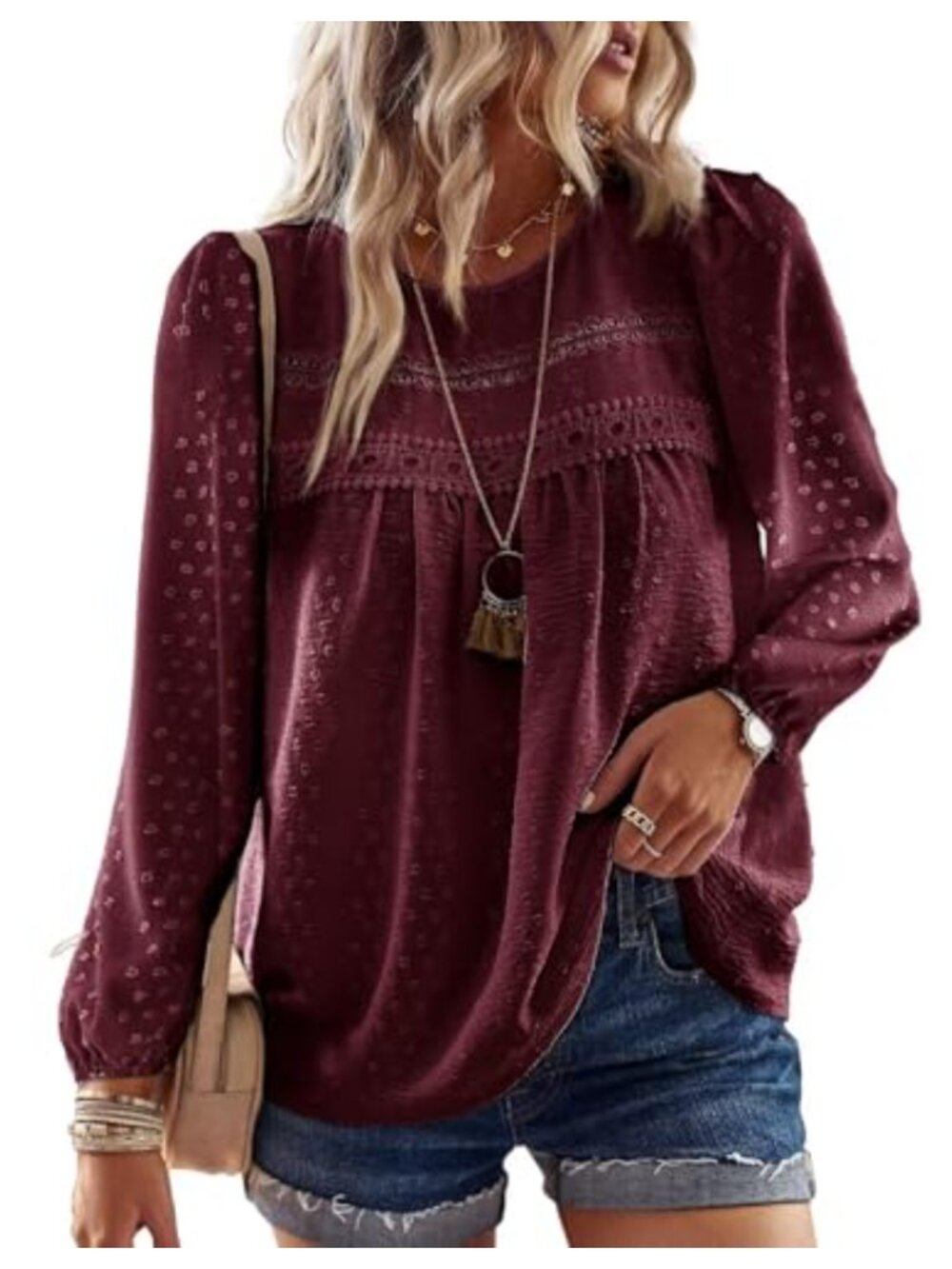 Women's Lace Crochet Boho Top Long Sleeve Crewneck Tunic Blouse